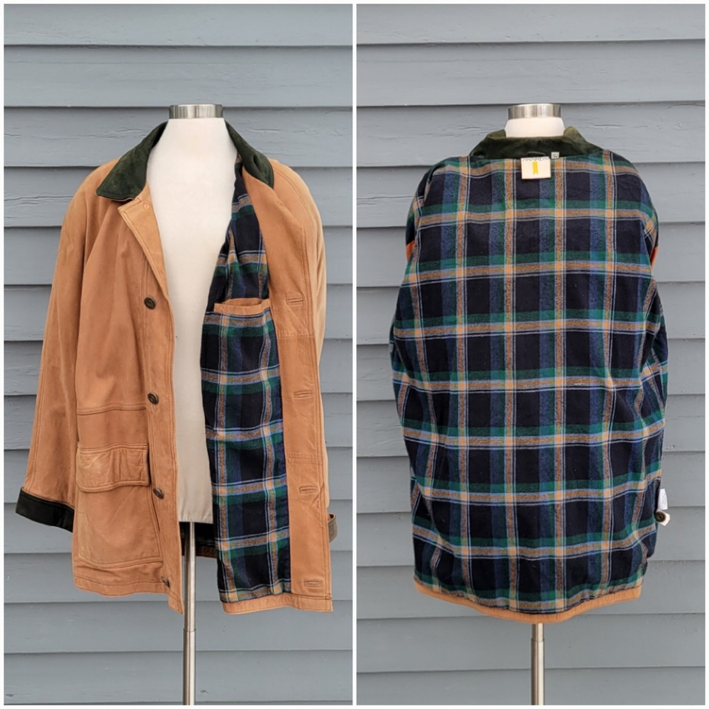 Vintage 90s y2k Orvis Nubuck Leather Barn Jacket Tan Plaid Lined Green Trim Lg‎